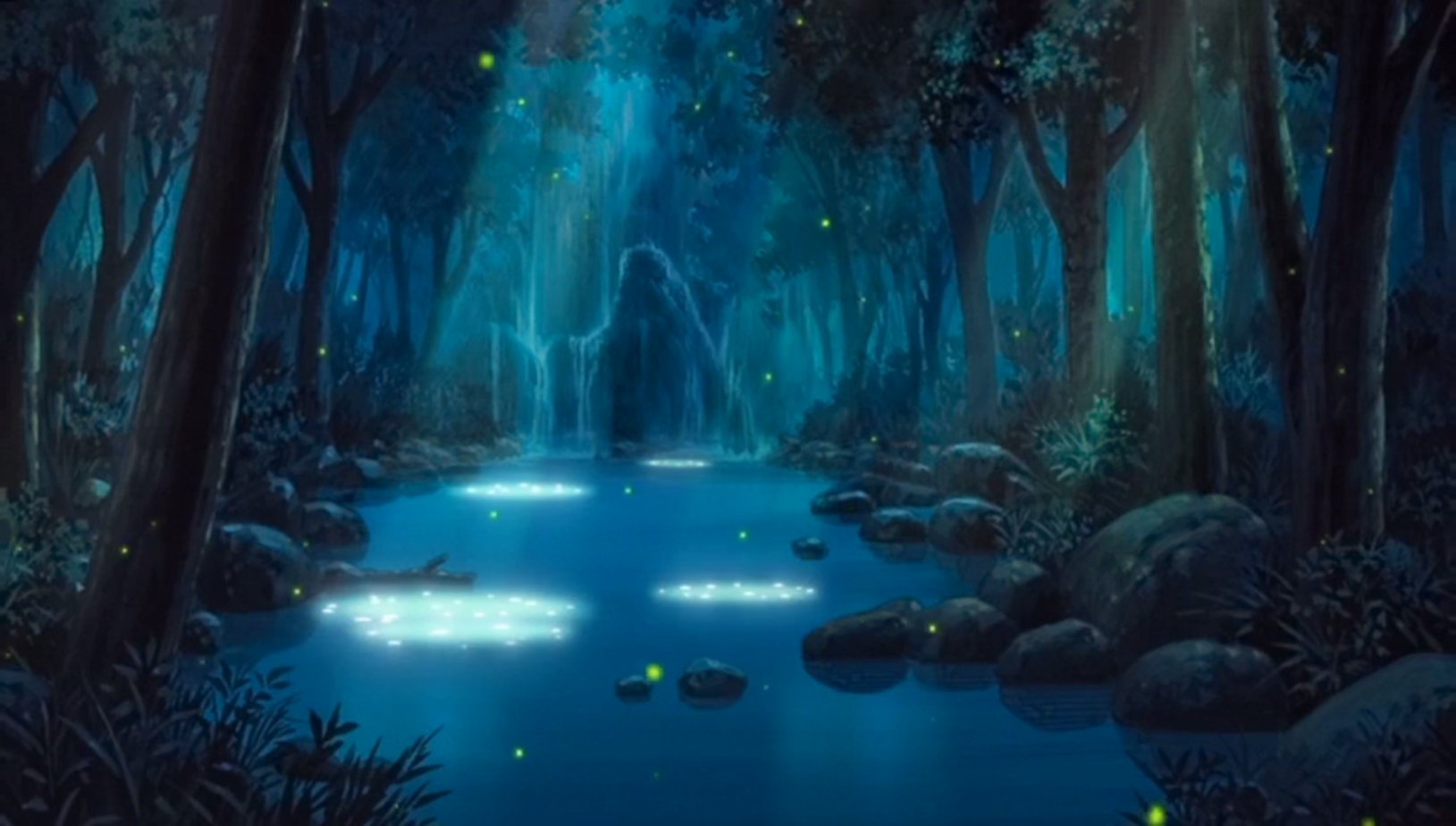 Ночное озеро в лесу фэнтези